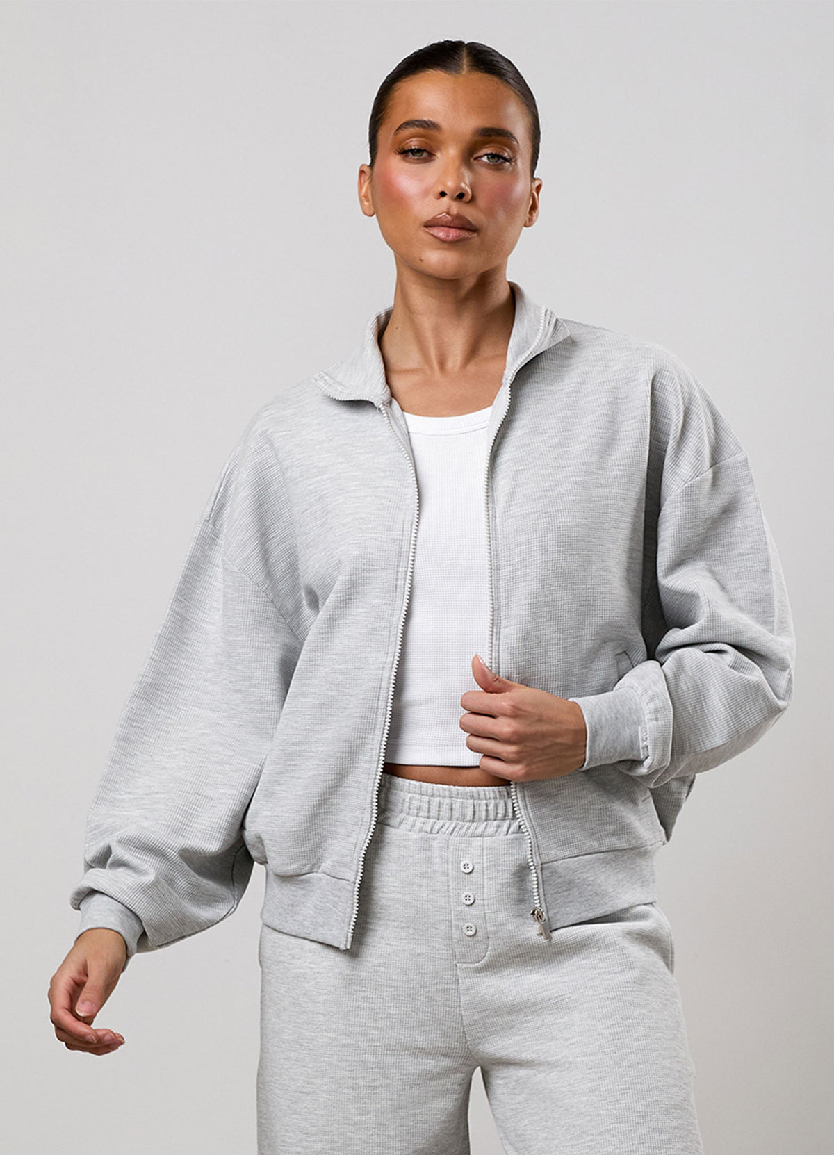 Gym King Waffle-sweater met doorlopende rits en trechterhals - grijs gemêleerd
