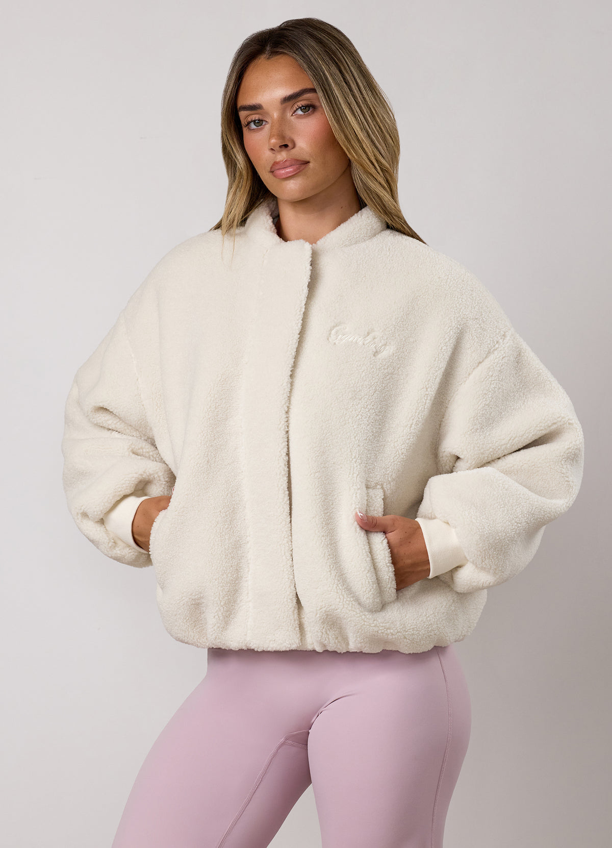 Gym King Fleece Puffer Bomber Jacket - Cream