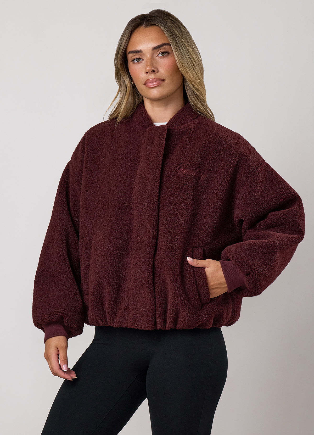 Gym King Fleece Puffer Bomber Jacket - Burnt Fig