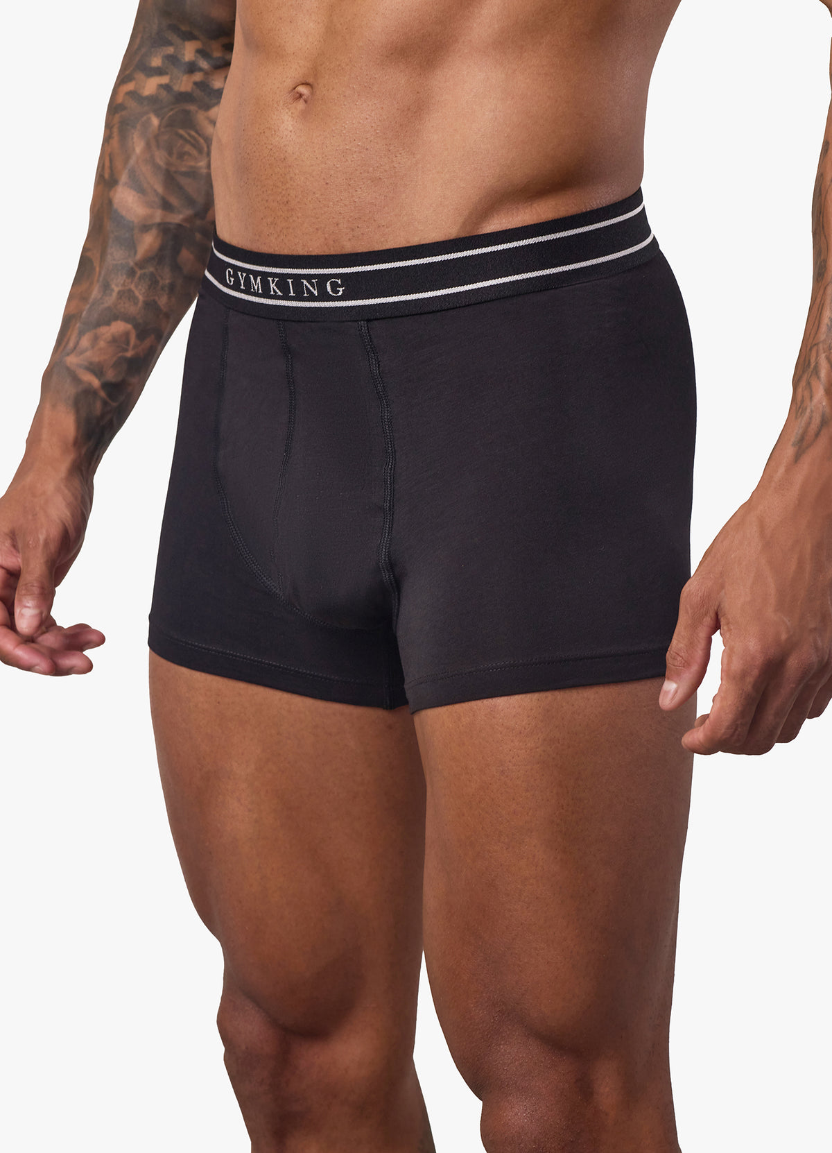 Gym King Boxers 3pk Black men’s soft cotton-rich stretch underwear with elastic waistband