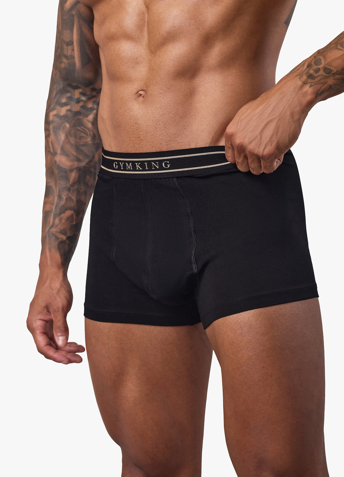Gym King Boxers 3pk Black Gold men’s soft cotton-rich stretch underwear with elastic waistband