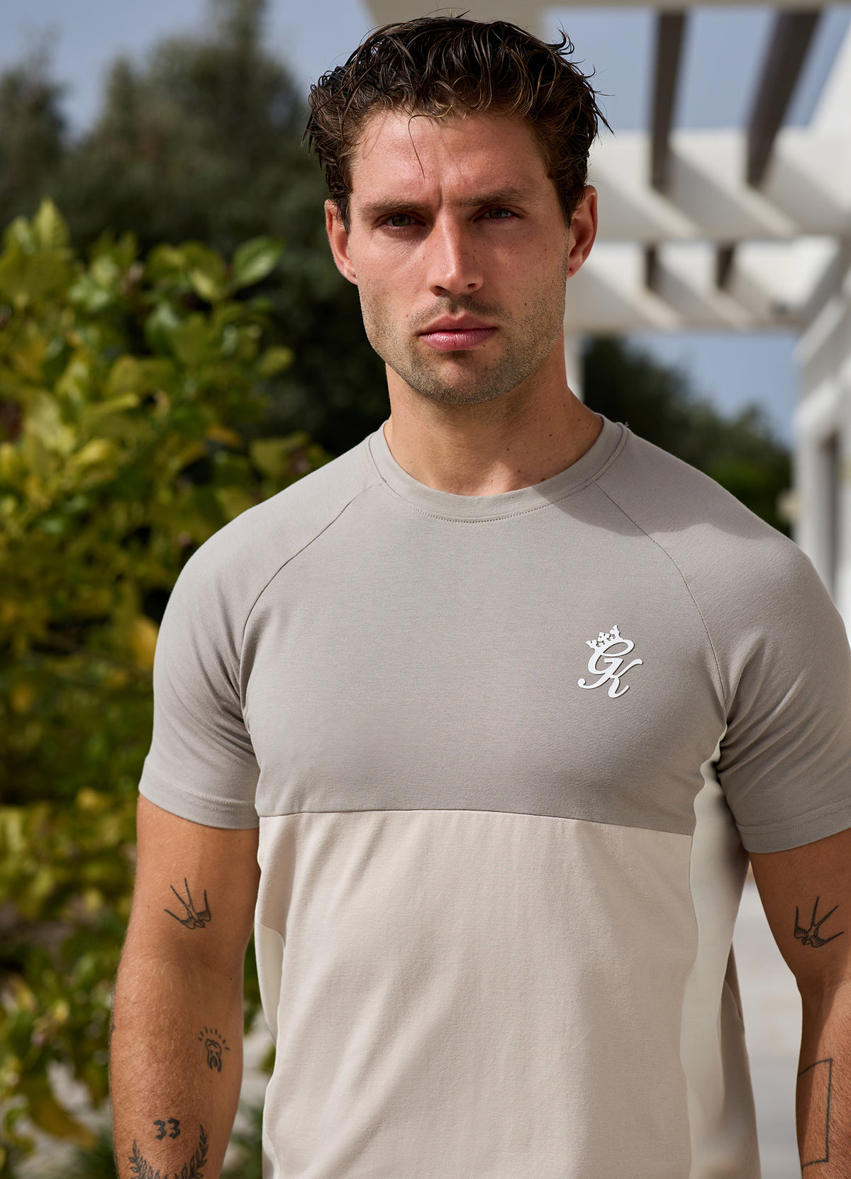Gym King Contrast Panel Jersey T-Shirt - Light Stone/Taupe/White