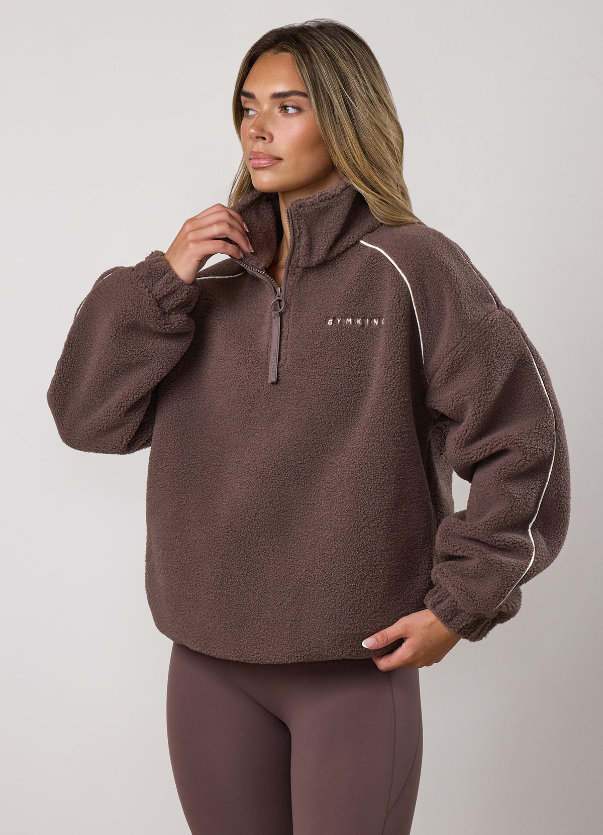 Gym King Contrast 1/4 Zip Borg Fleece - Deep Mocha