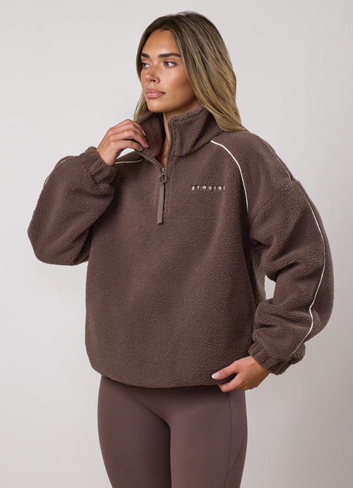 Gym King Contrast 1/4 Zip Borg Fleece - Deep Mocha