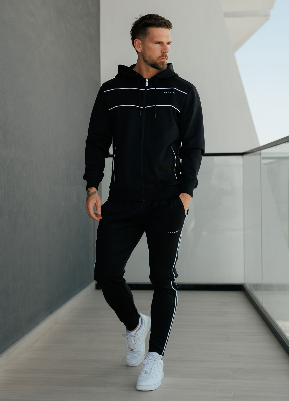 Gym King Core Piped Full Zip Hood Tracksuit - Black
