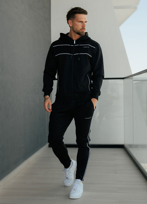 Gym King Core Piped Full Zip Hood Tracksuit - Black