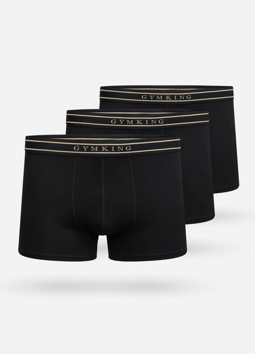 Gym King Boxers 3pk Black Gold men’s soft cotton-rich stretch underwear with elastic waistband