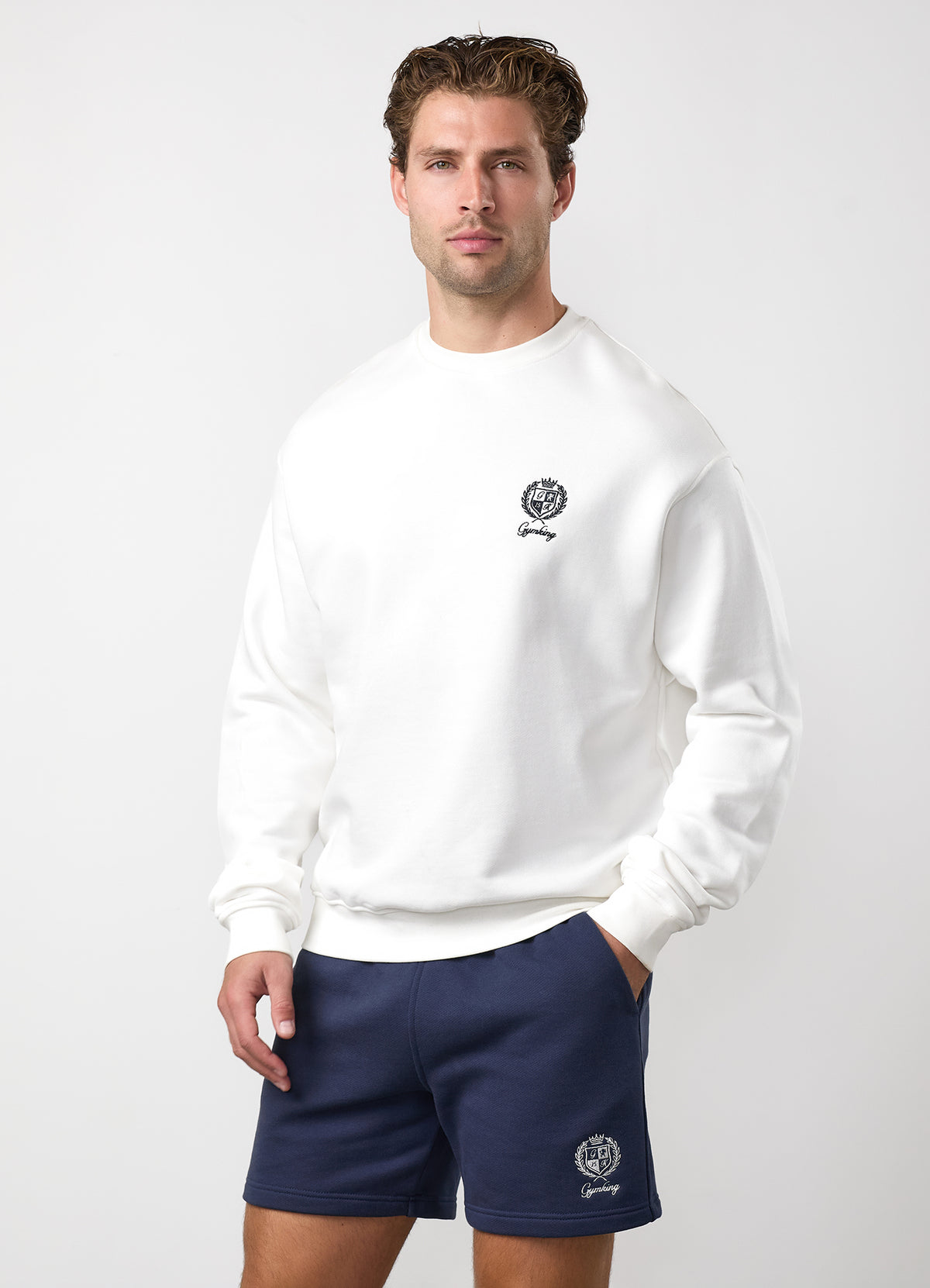 Gym King Heritage Crest Loopback Jumper - Cream/Indigo Blue
