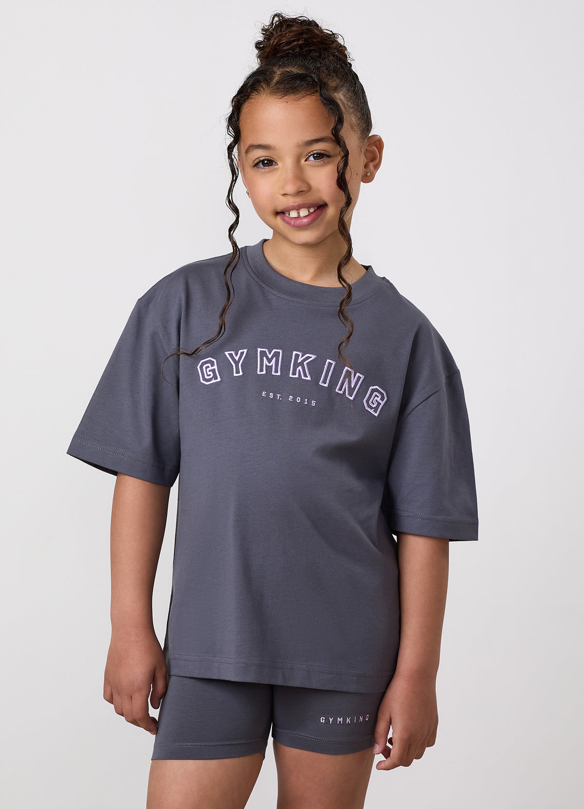 Gym King Younger Kids Shadow Boyfriend T-Shirt - Gunmetal Grey/Hyacinth