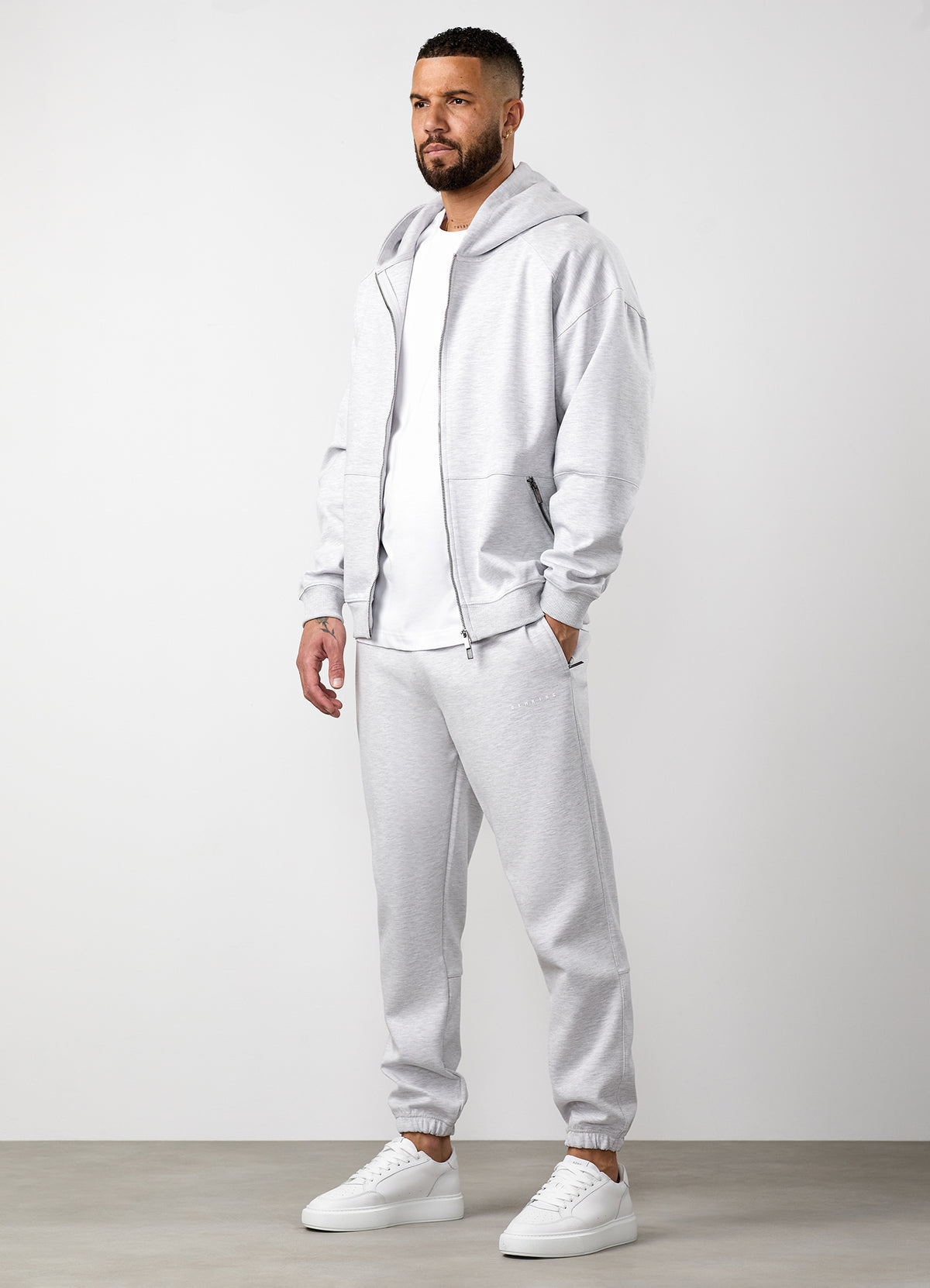 Gym King Linear Travel Full Zip Hood Tracksuit - Snow Marl