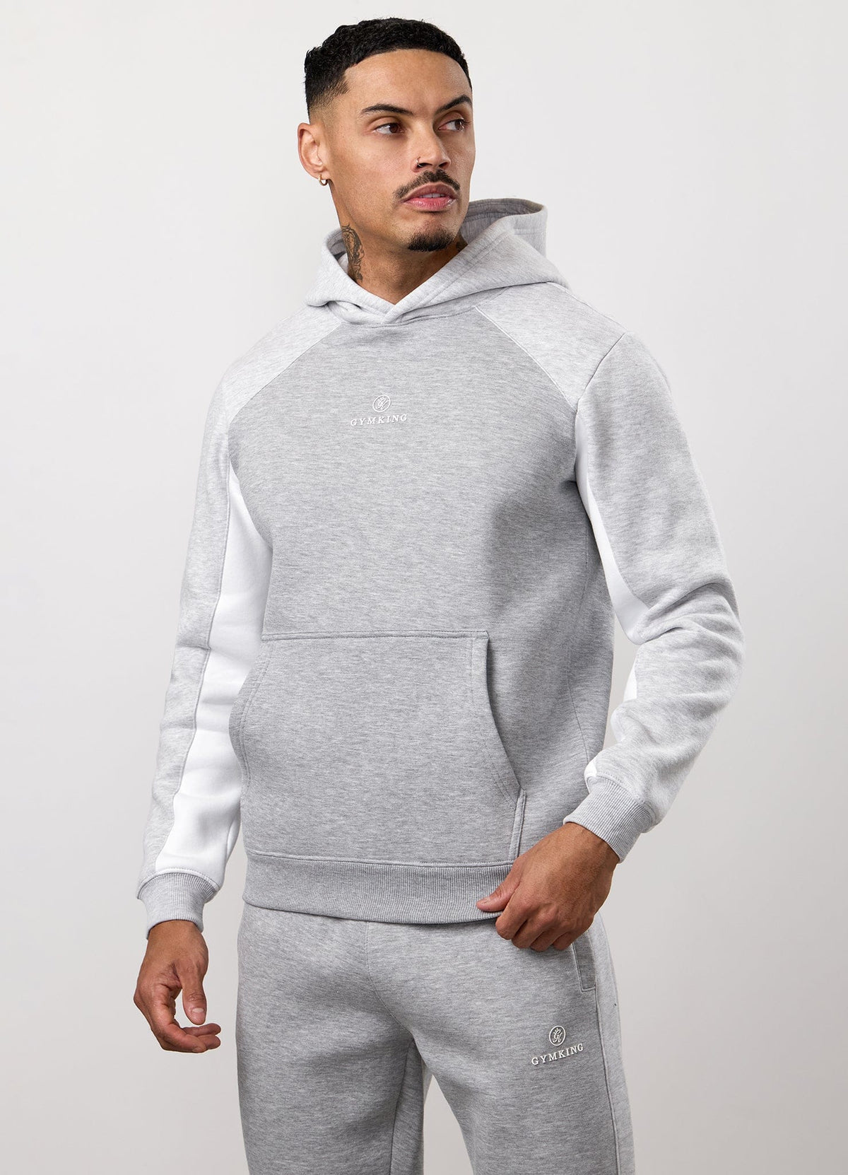 Gym King Power Colour Block fleecehoodie - Lichtgrijs/Sneeuwwit gemêleerd/Wit