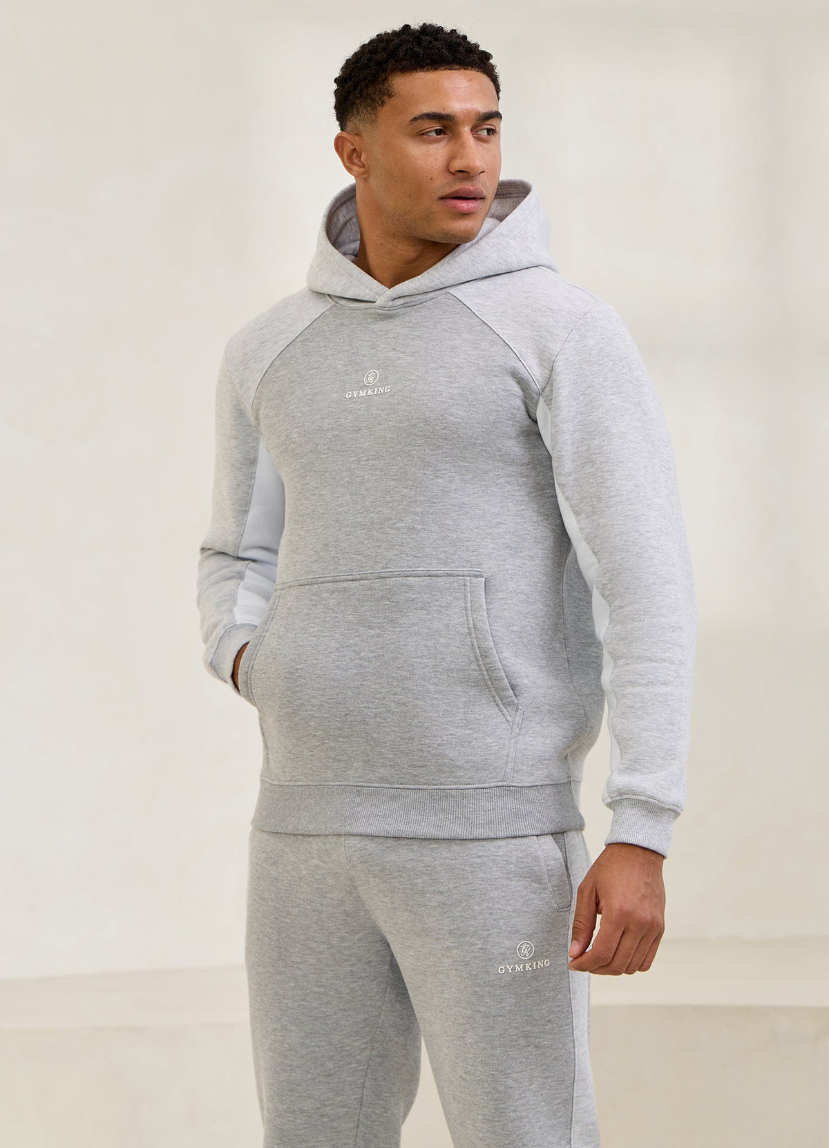 Gym King Power Colour Block Fleece Hoodie - Light Grey/Snow Marl/White