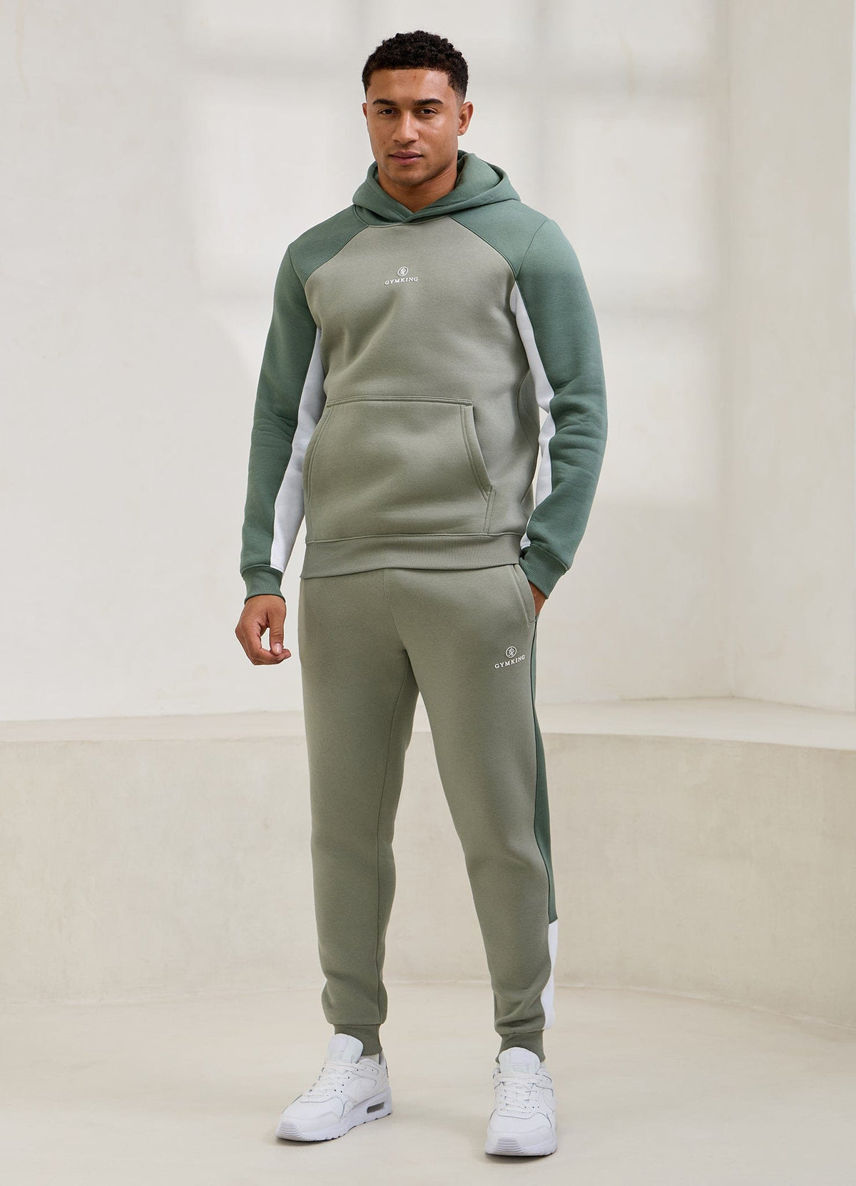 Gym King Power Fleece Hood Tracksuit - Soft Khaki/Fern Green/White