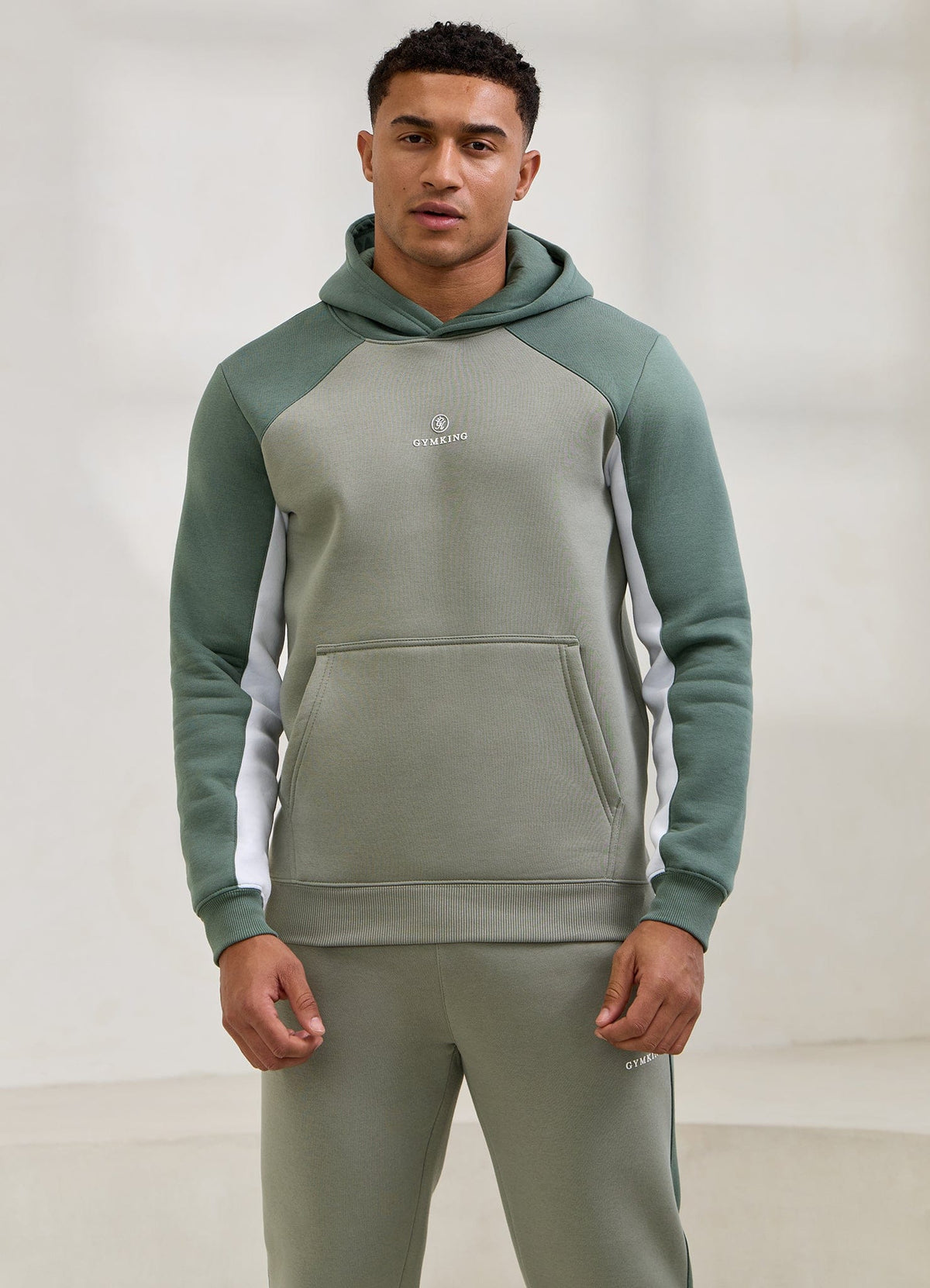 Gym King Power Colour Block Fleece Hoodie - Soft Khaki/Fern Green/White