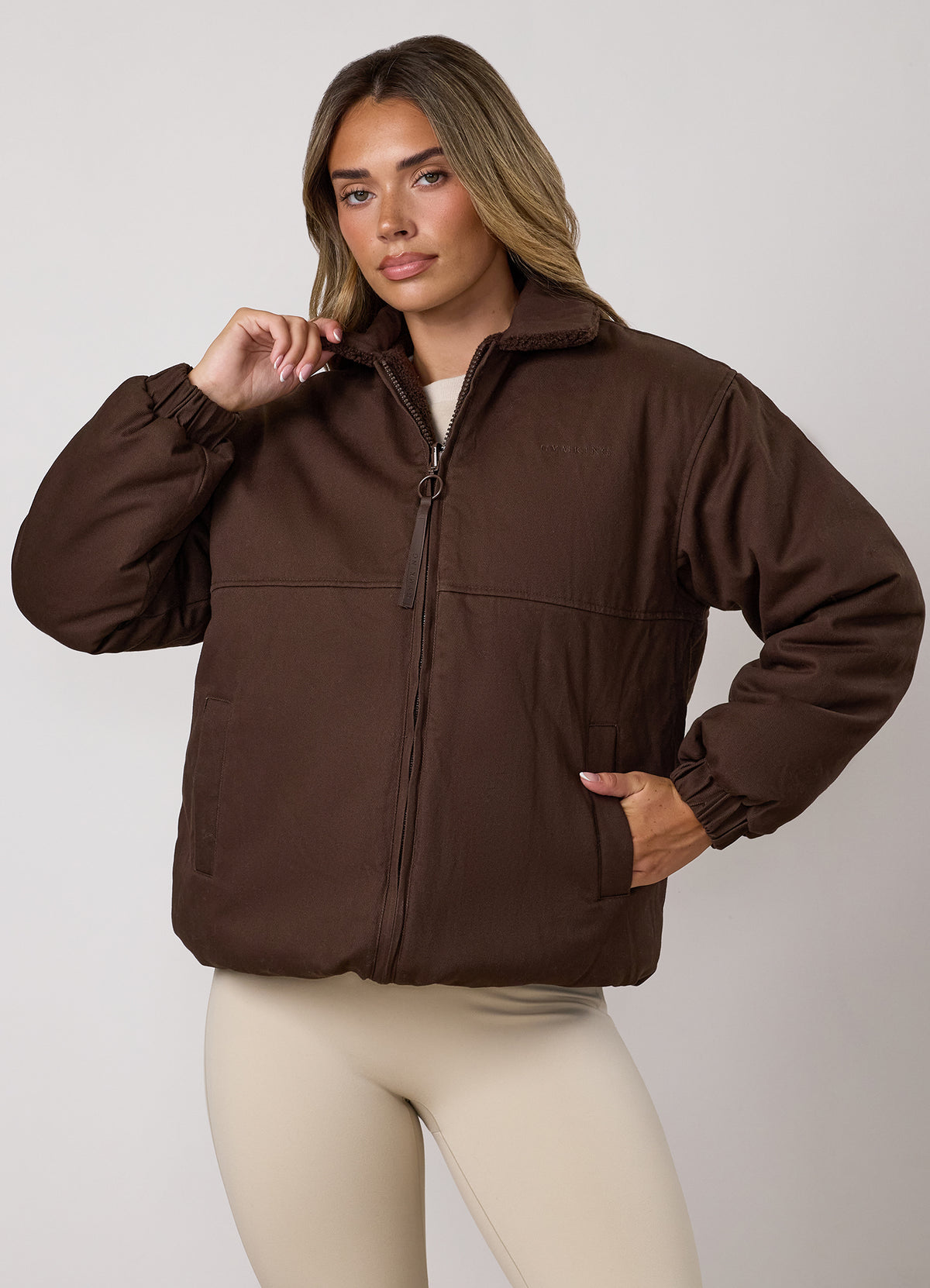 Gym King Reversible Borg Fleece and Twill Jacket - Ganache