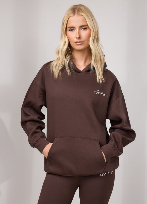 Gym King Hoodie van fleece met opdruk - Donkere chocolade/crème