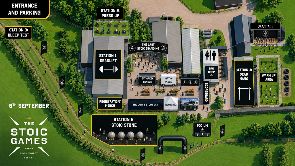 An overhead venue map graphic for The Stoic Games at Moss College of Gaming, showing labeled zones such as Entrance and Parking, Station 5 Press Up, Station 1 Deadlift, The Last Stoic Standing, Big Drink, Ora/Stage, Warm Up Area, Poorum, and Podium, with a September date and event branding.
