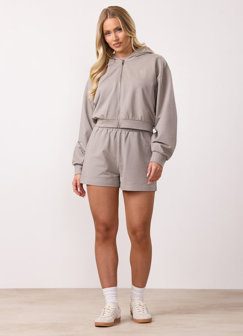 Gym King Victory Loopback Full Zip Crop Hood and Shorts - Taupe