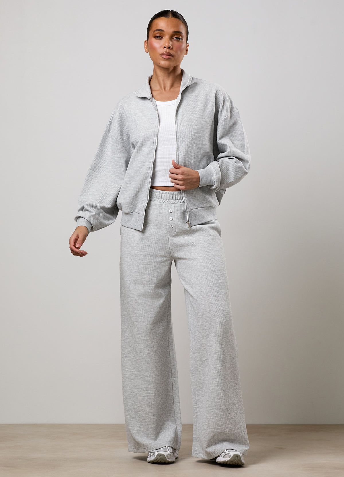 Gym King Waffle Full Zip Funnel and Mid Rise Trouser Tracksuit - Grey Marl