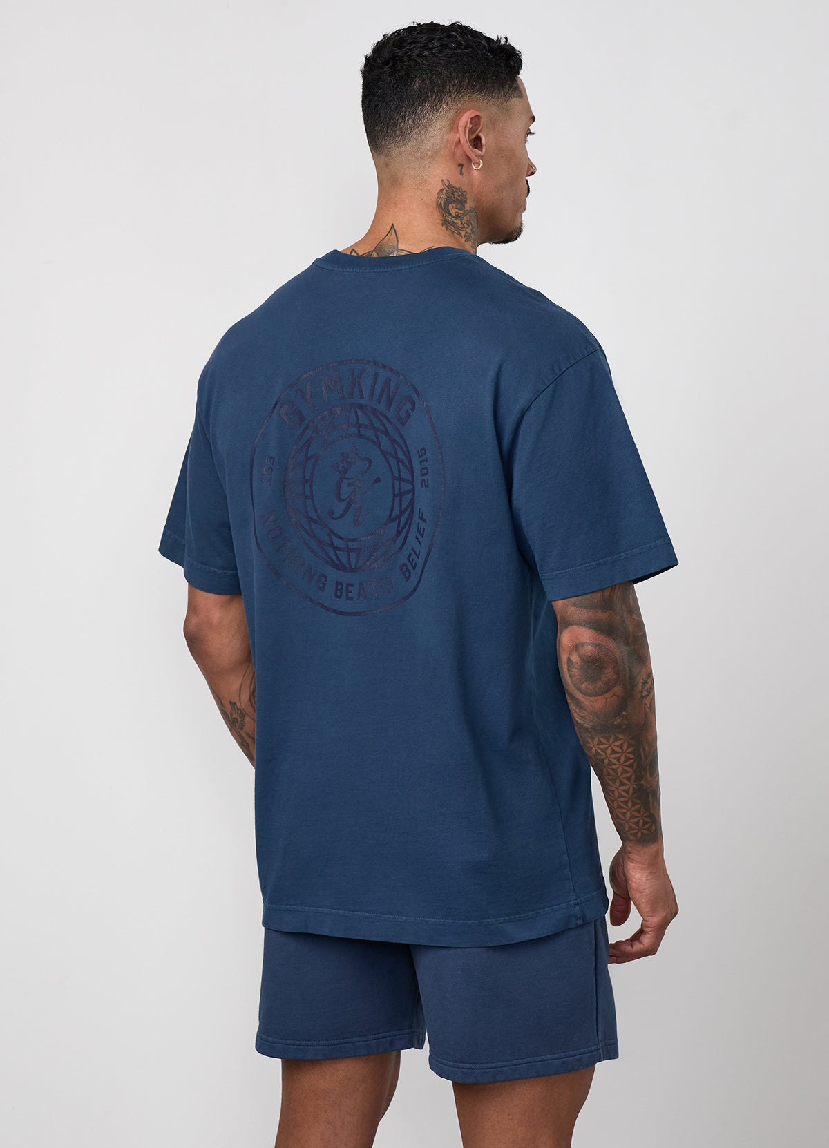 Gym King World Distressed Graphic Washed T-Shirt - Rich Blue
