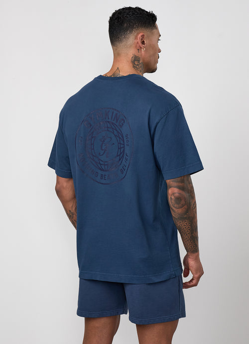 Gym King World Distressed Graphic Washed T-Shirt - Rich Blue