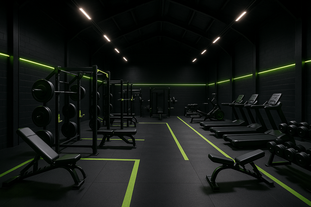een fotorealistische afbeelding van een moderne sportschool in een zwart- en limoengroen kleurenschema, gelegen in een groot pakhuis waar de muren en het gewelfde plafond allemaal zwart zijn geschilderd