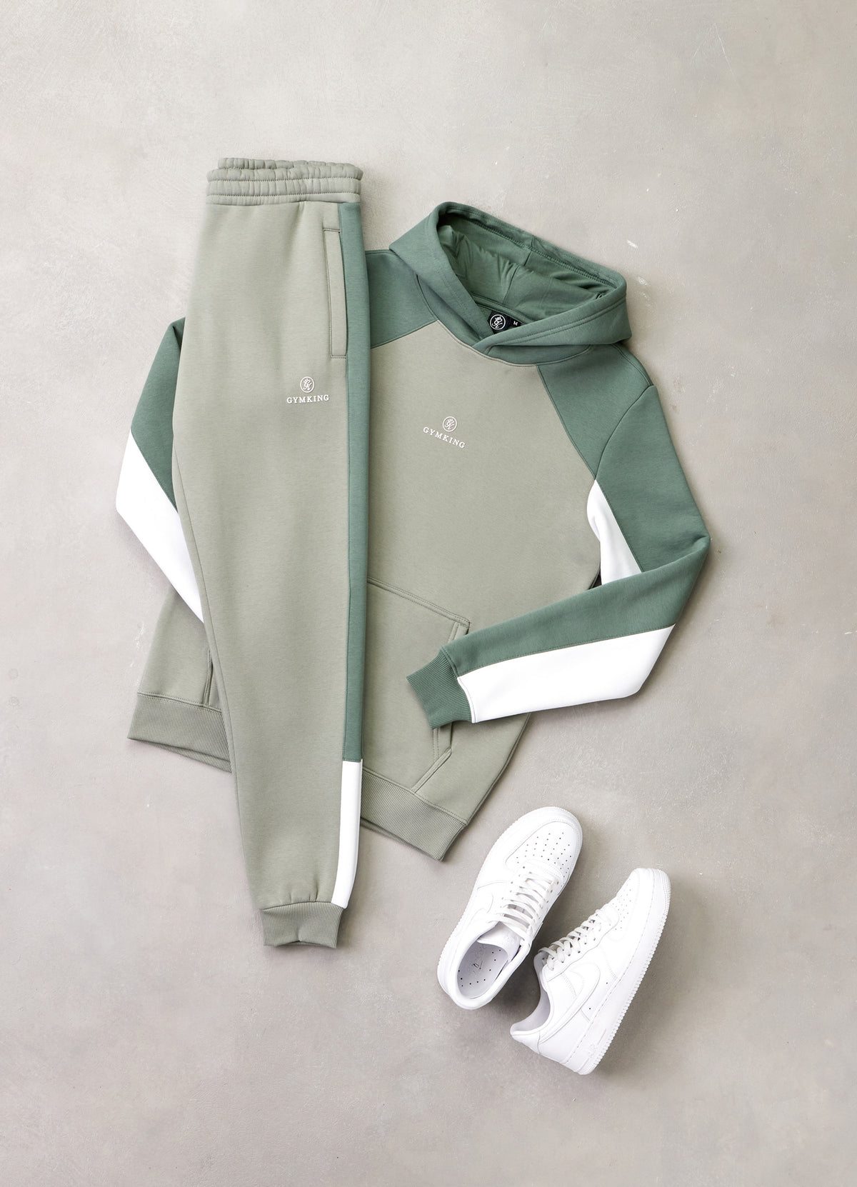 Gym King Power Colour Block Fleece Hoodie - Soft Khaki/Fern Green/White