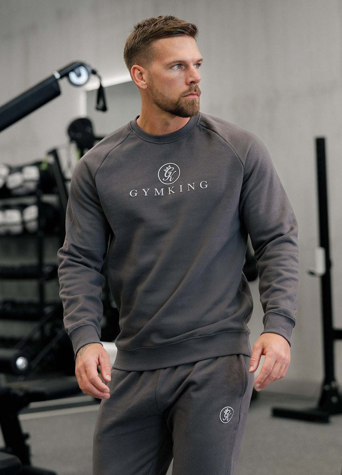 Gym King Pro Logo Fleece Crew Tracksuit - Onyx Grey