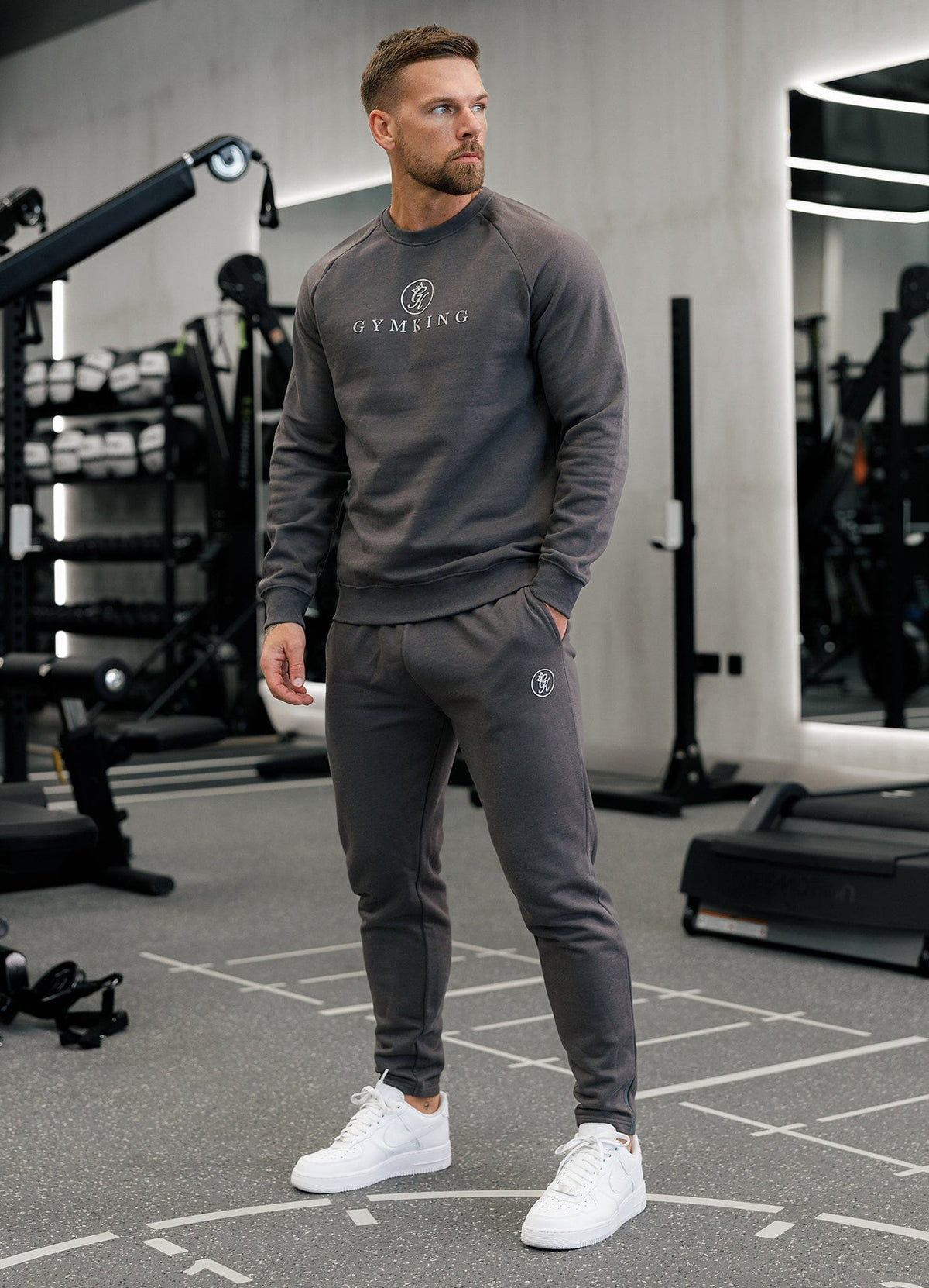 Gym King Pro Logo Fleece Crew Tracksuit - Onyx Grey